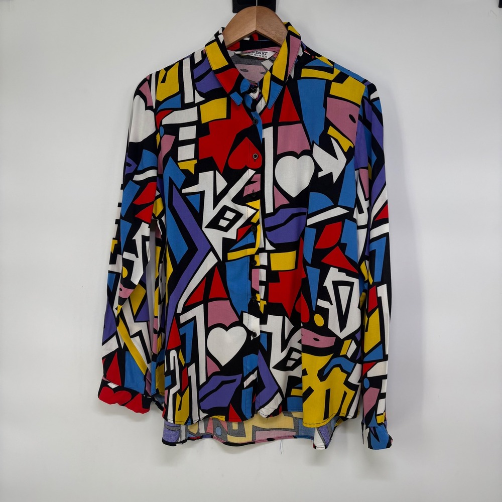 Big Dart Pop Art Geometric Heart Print Viscose Button Up Shirt UK 20 EUR 48